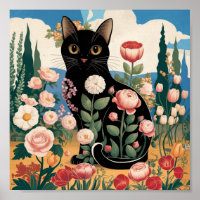 Gustav Klimt Floral Chat Noir Art Éclectique Moder