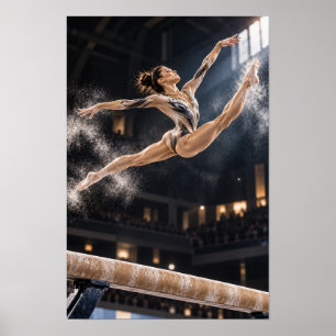 Poster Gymnaste sautant au-dessus de la poutre d'équilibr