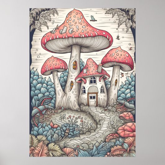 Poster Habitation créative vintage forêt champignon (Devant)