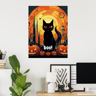 Poster Halloween Abstrait Chat noir et design Citrouille
