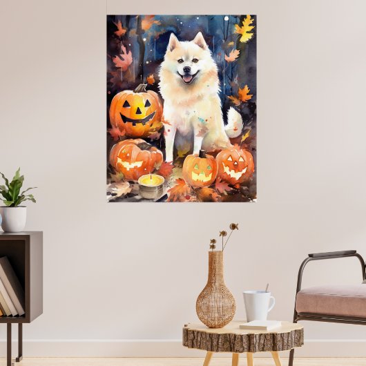 Poster Halloween Akita Américain Avec La Peur Citrouille (Salon 3)