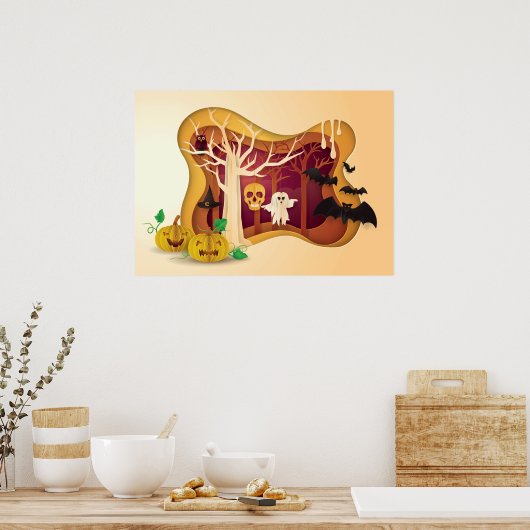 Poster Halloween Arbre Papercut Fantôme et crâne (Cuisine)