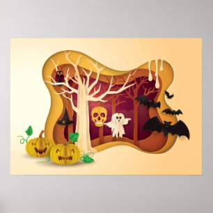Poster Halloween Arbre Papercut Fantôme et crâne