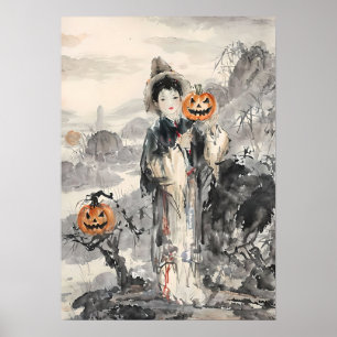 Poster Halloween asiatique mystique - Aquarelle