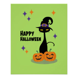 Poster Halloween atomique du milieu du siècle Chat vert