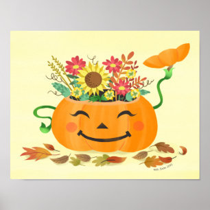 Poster Halloween Automne Floral Art Citrouille Imprimer