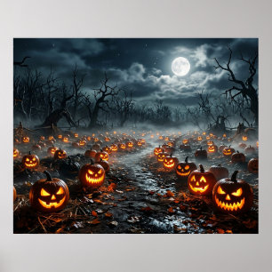 Poster Halloween avec des arbres effrayants et des citrou