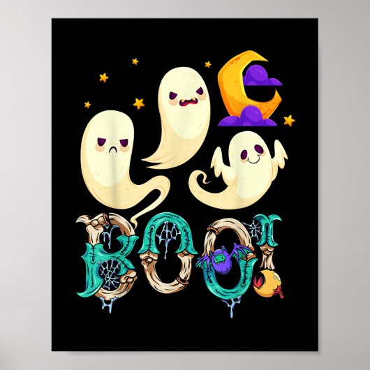 Poster Halloween Boo Owl Avec Sorcière Casquette Araignée (Devant)