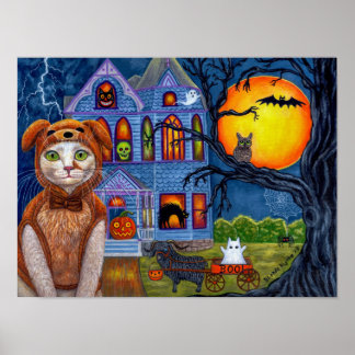 Poster Halloween Cat Dog Costume Haunted Victorian House