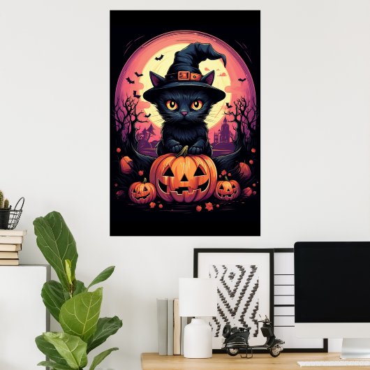 Poster Halloween CAT noir avec Citrouille et CASQUETTE de (Bureau à domicile)
