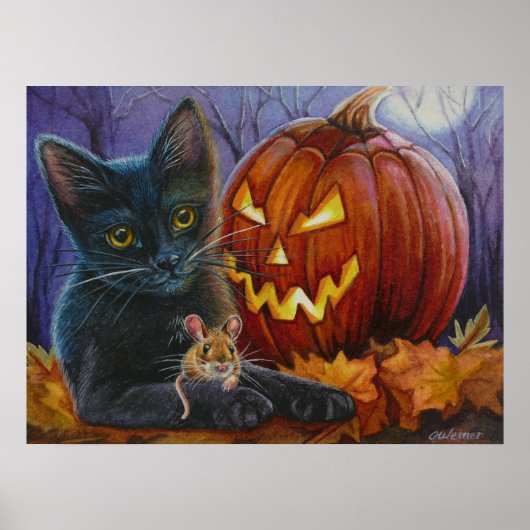 Poster Halloween Chat et Souris No. 2 Aquarelle Art 18x24 (Devant)
