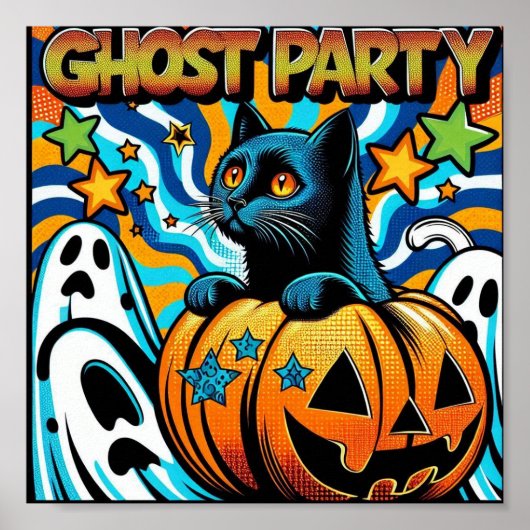 Poster Halloween : Chat noir Éffrayant sur Citrouille (Devant)