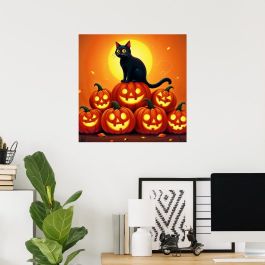 Poster Halloween chat noir mignon et lanternes Jack (Bureau à domicile)
