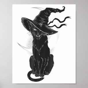 Poster Halloween Chat Noir Sorcière Casquette Lune