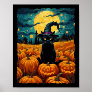 Poster Halloween Chat noir Van Gogh Witch Kawaii Citrouil