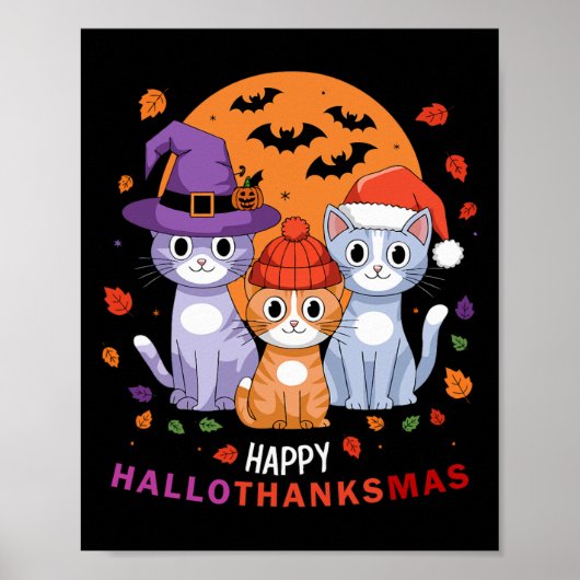 Poster Halloween Chats Thanksgiving Noël Joyeux Hallot (Devant)