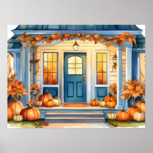 Poster Halloween Citrouille Cornstalk sur le porche avant