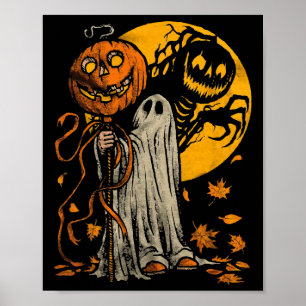 Poster Halloween Citrouille Fantôme Automne Feuilles Art