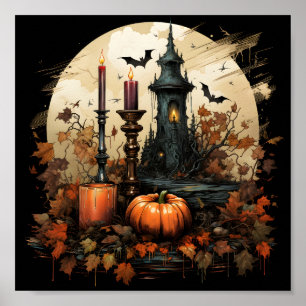 Poster Halloween Citrouille Orange, Chauve-Feu, Bougie Et