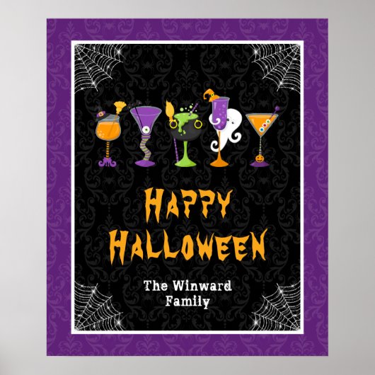 Poster Halloween Cocktails Purple Damask Party Sign (Devant)