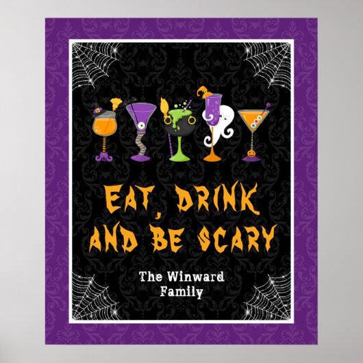 Poster Halloween Cocktails Purple Damask Party Sign (Devant)