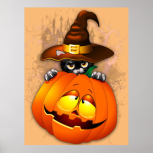 Poster Halloween Cute Kitty Witch et ami Citrouille