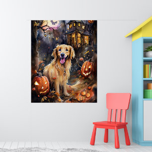 Poster Halloween Golden Retriever avec citrouilles effray
