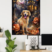 Poster Halloween Golden Retriever avec la peur Citrouille (Bureau à domicile)