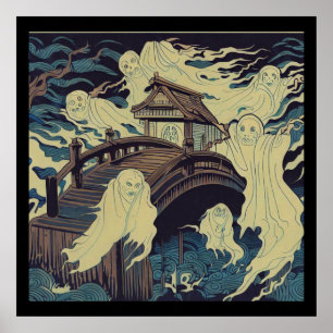 Poster Halloween - Haunted Bridge Woodcut 4