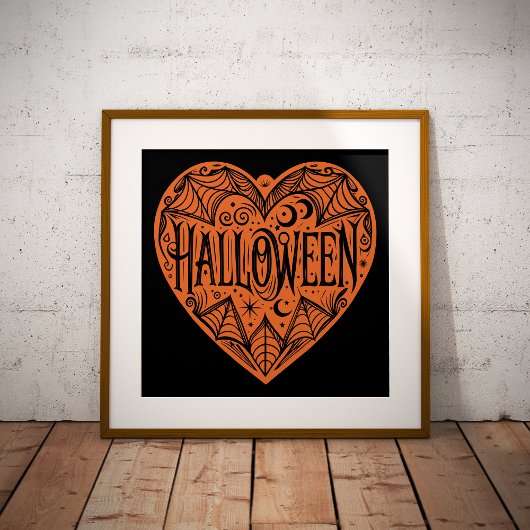 Poster Halloween Heart, Orange Heart Shape, Holiday