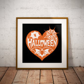 Poster Halloween Heart, Orange Heart Shape, Spider Web