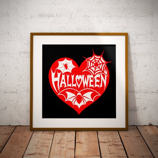 Poster Halloween Heart, Red Heart Shape, Spider Web