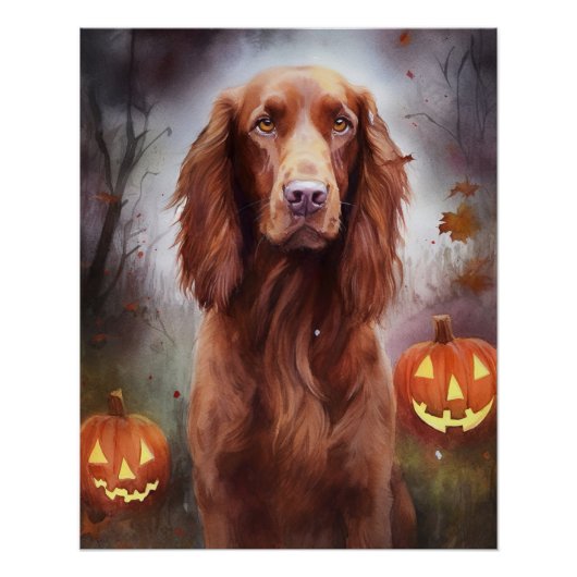 Poster Halloween Irish Red Setter avec citrouilles effray (Devant)