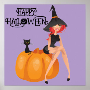 Poster Halloween jolie sorcière Éffrayante Whimsical viol
