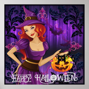 Poster Halloween jolie sorcière Éffrayante Whimsical viol