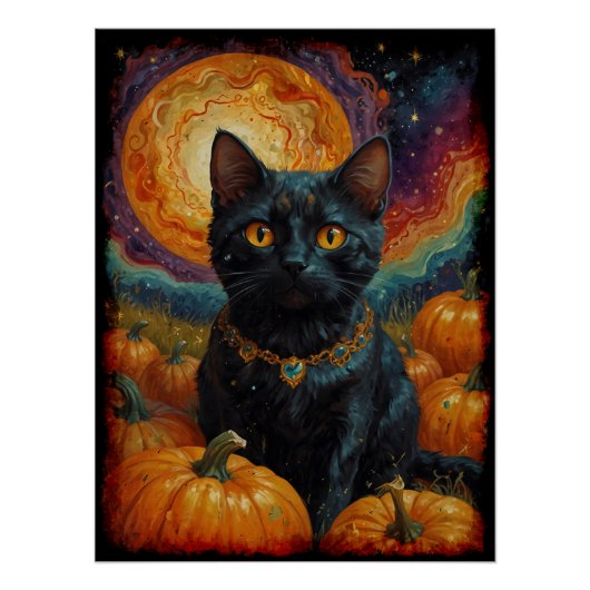 Poster Halloween Kitten noir et Citrouille (Devant)