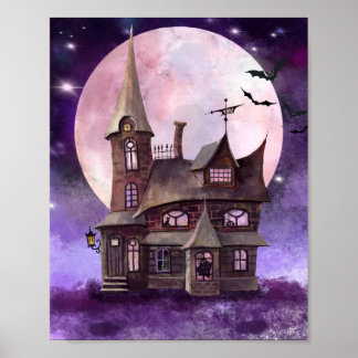 Poster Halloween Maison hantée avec lune et mur de chaume