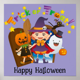 Poster Halloween mignonne drôle Whimsical sorcière fille
