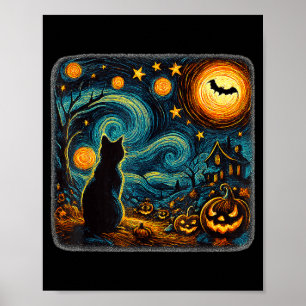 Poster Halloween Nuit Étoilée Chat Noir Citrouilles Art H