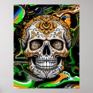Poster Halloween ou Día de Muertos Sugar Skull Fluid Art