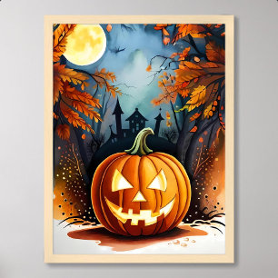 Poster halloween peinture effrayant citrouille lune lumiè