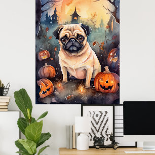 Poster Halloween Pug With Pumpkins Scary