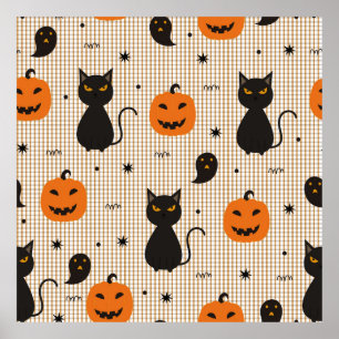 Poster Halloween sans couture motif avec chat noir et gho