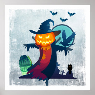Poster Halloween Scarecrow With Bats Crow and Owl