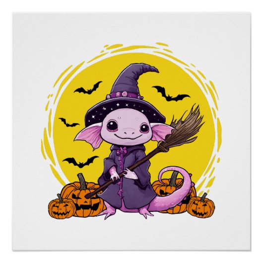Poster Halloween sorcière mignonne Axolotl (Devant)