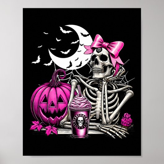 Poster Halloween Squelette Boire Café Rose Coquette B (Devant)