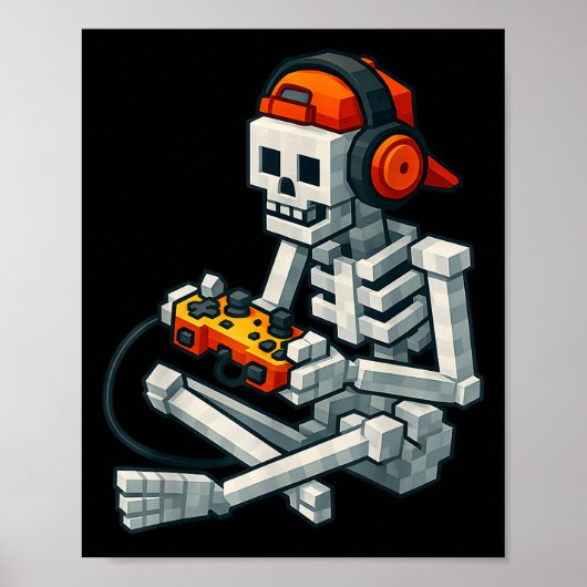 Poster Halloween Squelette Gamer Pixel Vidéo Joueurs Garç (Devant)