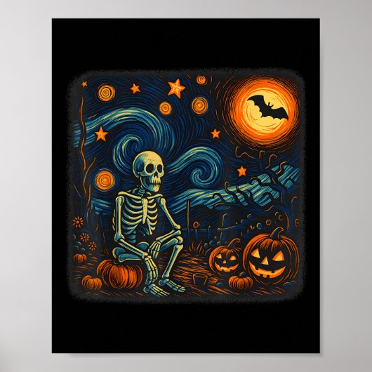 Poster Halloween Squelette Starry Night Van Gogh Citrouil (Devant)