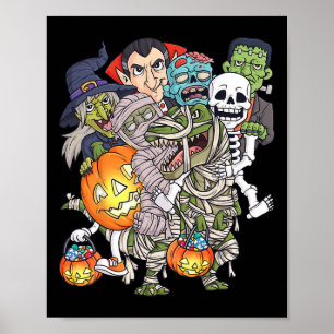 Poster Halloween Squelette Zombie équitation maman T Rex