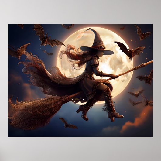 Poster Halloween Steampunk Witch Vol au clair de lune (Devant)